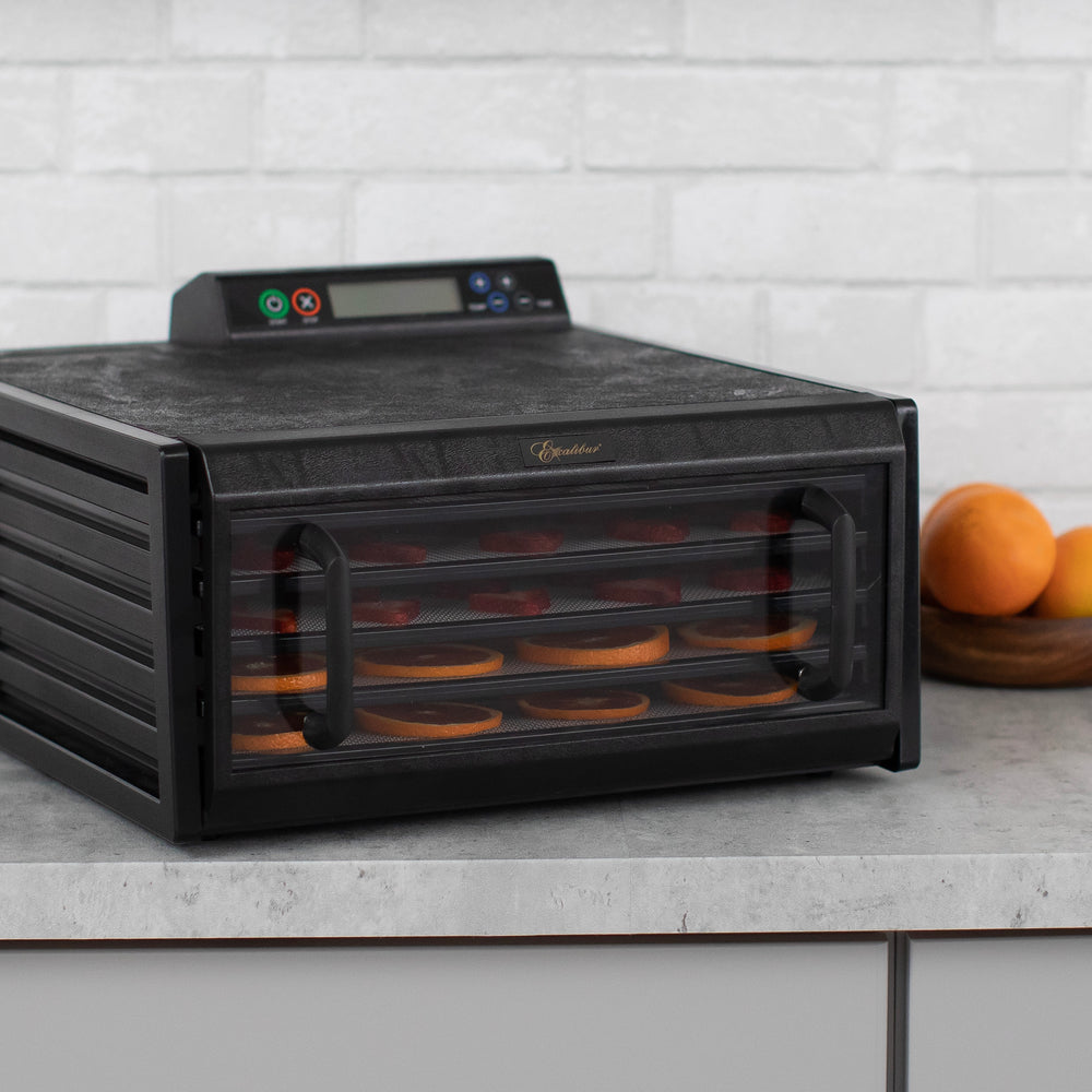 This 5-Tray Food Dehydrator has 8 square feet of drying space. The 48 hour  digital controller allows for 2 times and temperatures to be set. Unit  dehydrates at a range of 95
